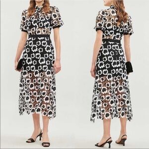 Self-Portrait Black and White Floral Lace Midi Dress